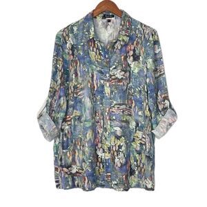 Wyatt Rose Blue Watercolor Print Button Up Collared Tunic Top